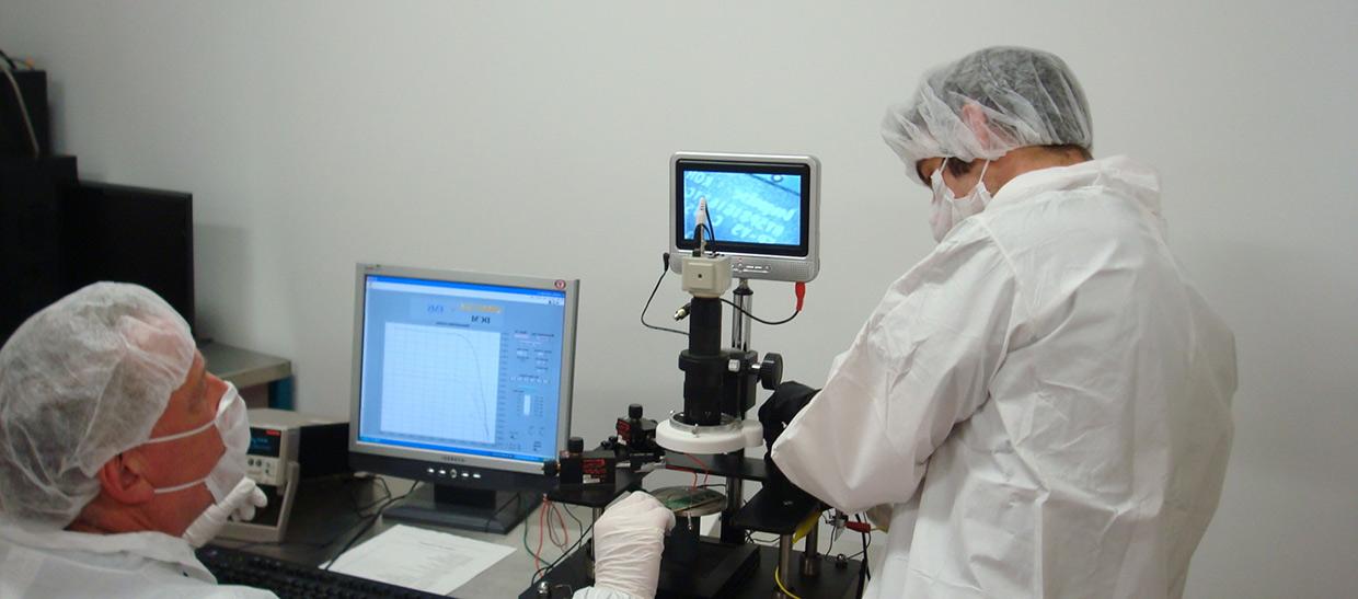 Students working in a semiconductor lab